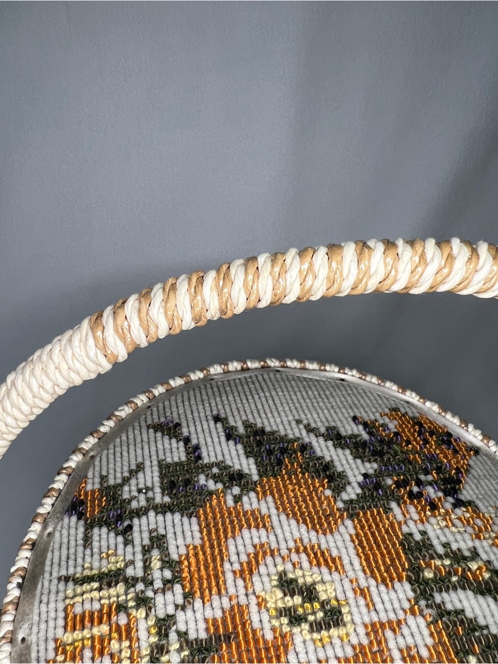 Vintage Japan 70’s Handwoven Floral Needlepoint Basket Purse - Cream & Mustard - Picture 11 of 11